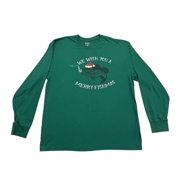 RedHead Shirt Mens Large L Green Christmas We Wish You A Merry Fishmas Fishing - Picture 1 of 11